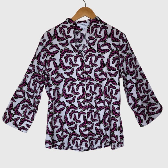 Foxcroft NYC Butterfly Print 3/4 Sleeve Button Down Fitted Top Size 14 - Picture 1 of 14